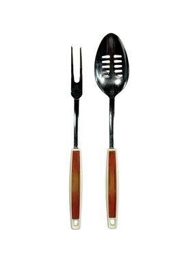EKCO Chromium Plated Utensil Set Of Two Fork & Slotted Spoon Orange Handles
